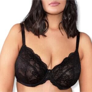 Ann Summers Black Lace Plunge Bra 44GG Plus Lingerie Underwire Full Coverage NEW